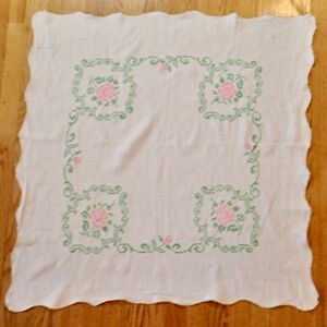 Cottage Core Floral Embroidered Scallop Accent Table Cloth White Green Pink 34"